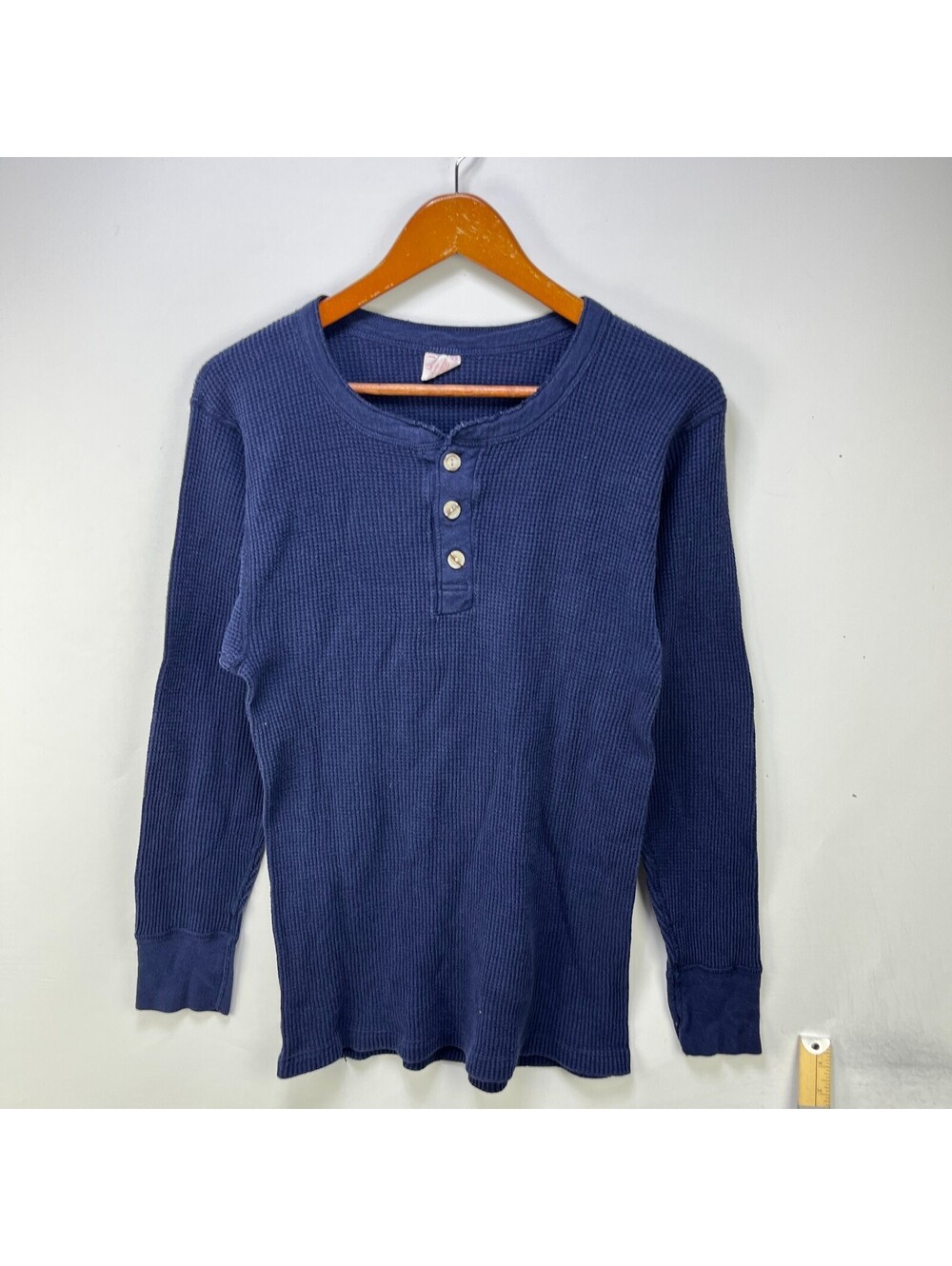 Vintage 80s Thermal Blue Waffle Knit Henley T Shirt L